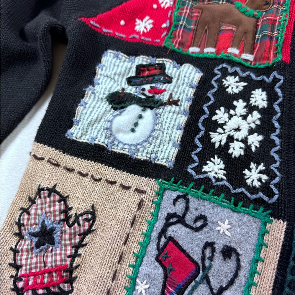 Victoria Jones Vintage Grandmacore Christmas Sweater Cardigan Patchwork Plaid L - Picture 3 of 9